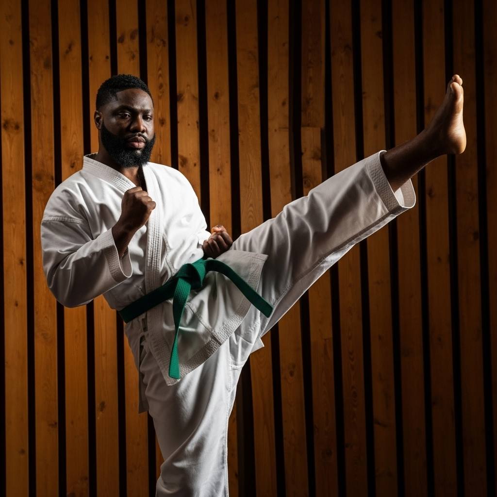 "A young kid in a white karate gi with a Green belt is captu