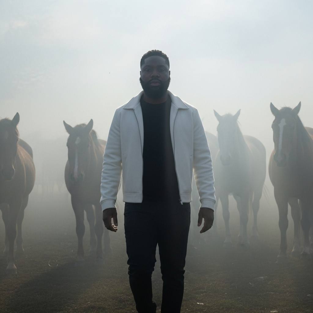 A cinematic and realistic scene featuring a man wearing a tr