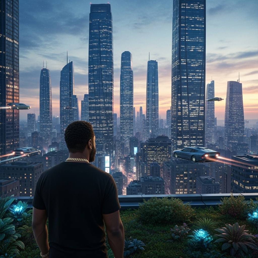 A futuristic cityscape at dusk, with flying cars zipping bet