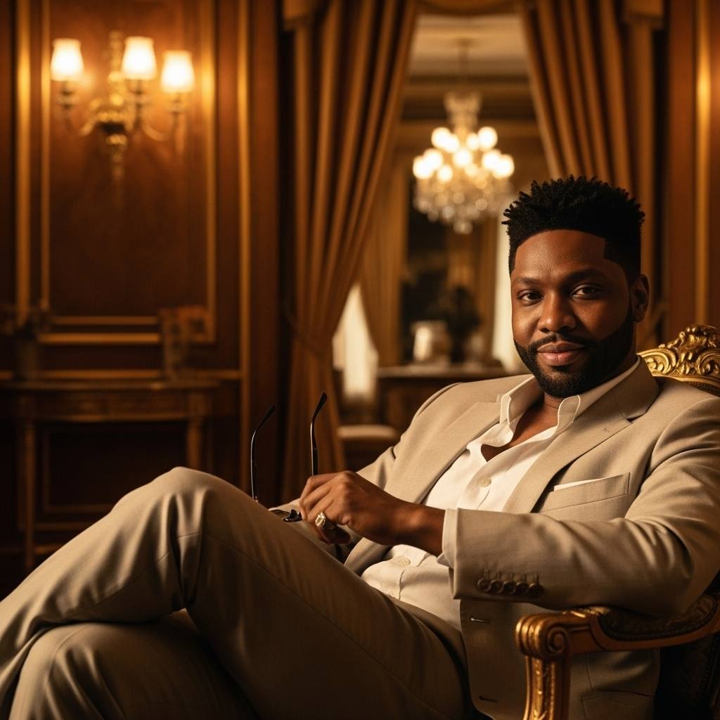 A handsome man with tousled hair reclining confidently in an