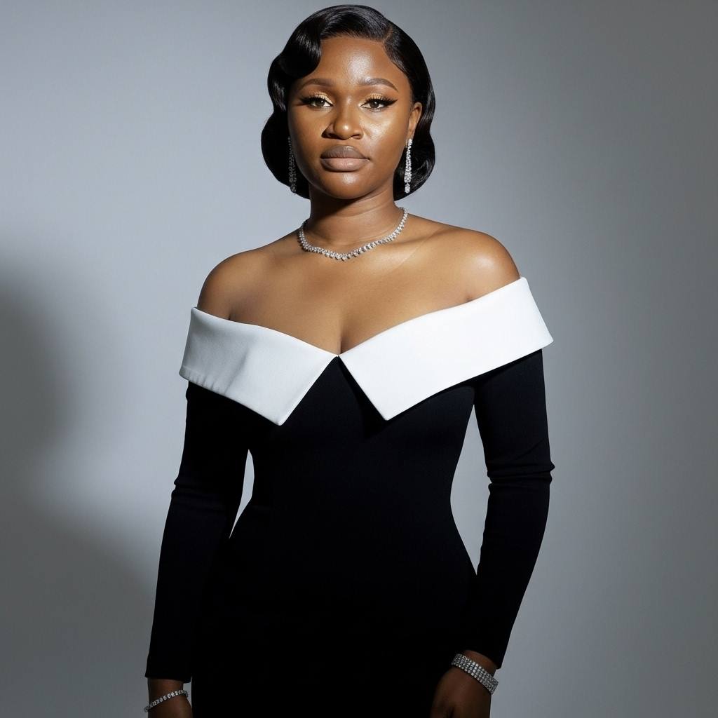 A hyperrealistic studio portrait of a confident woman standi