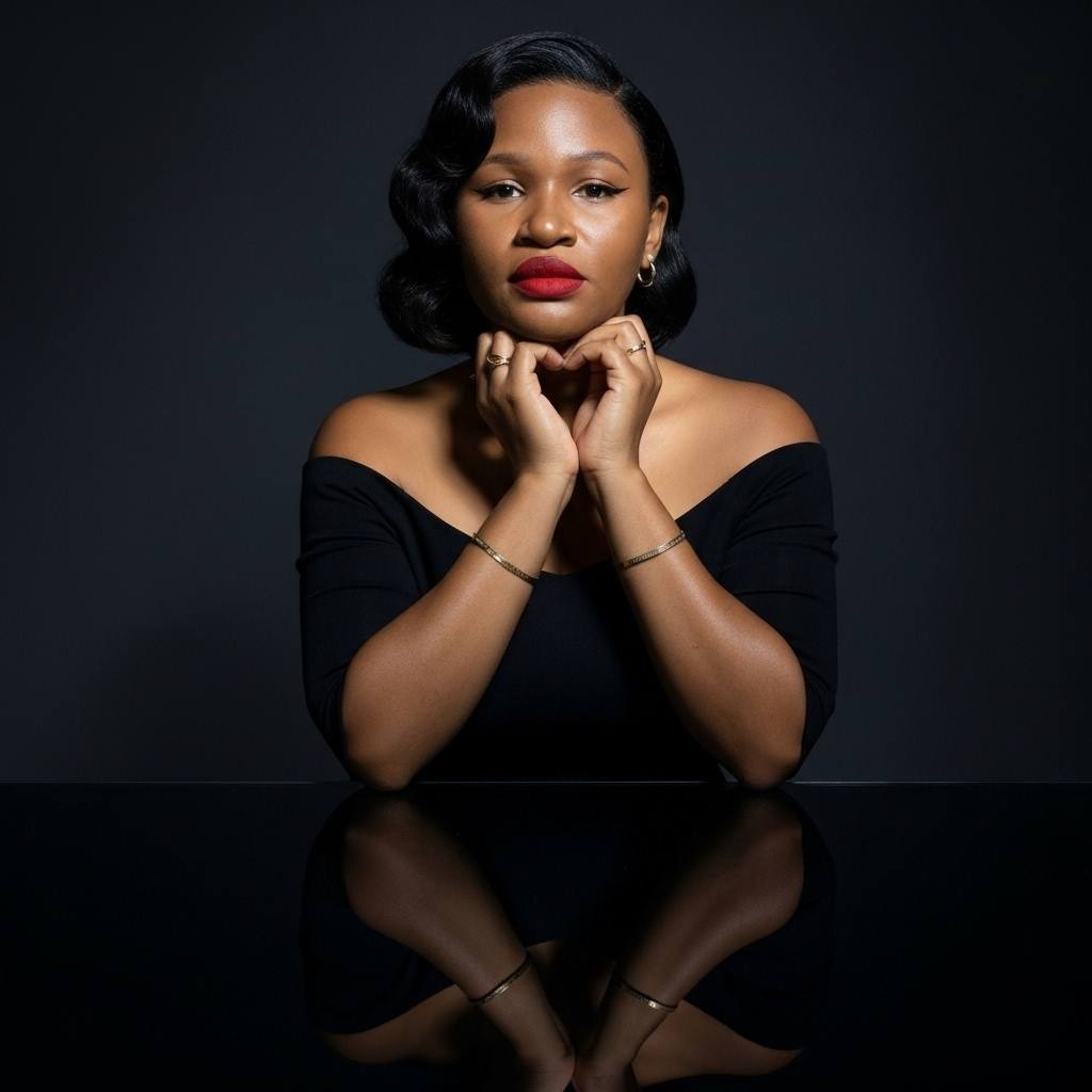 A hyperrealistic studio portrait of a confident woman sittin