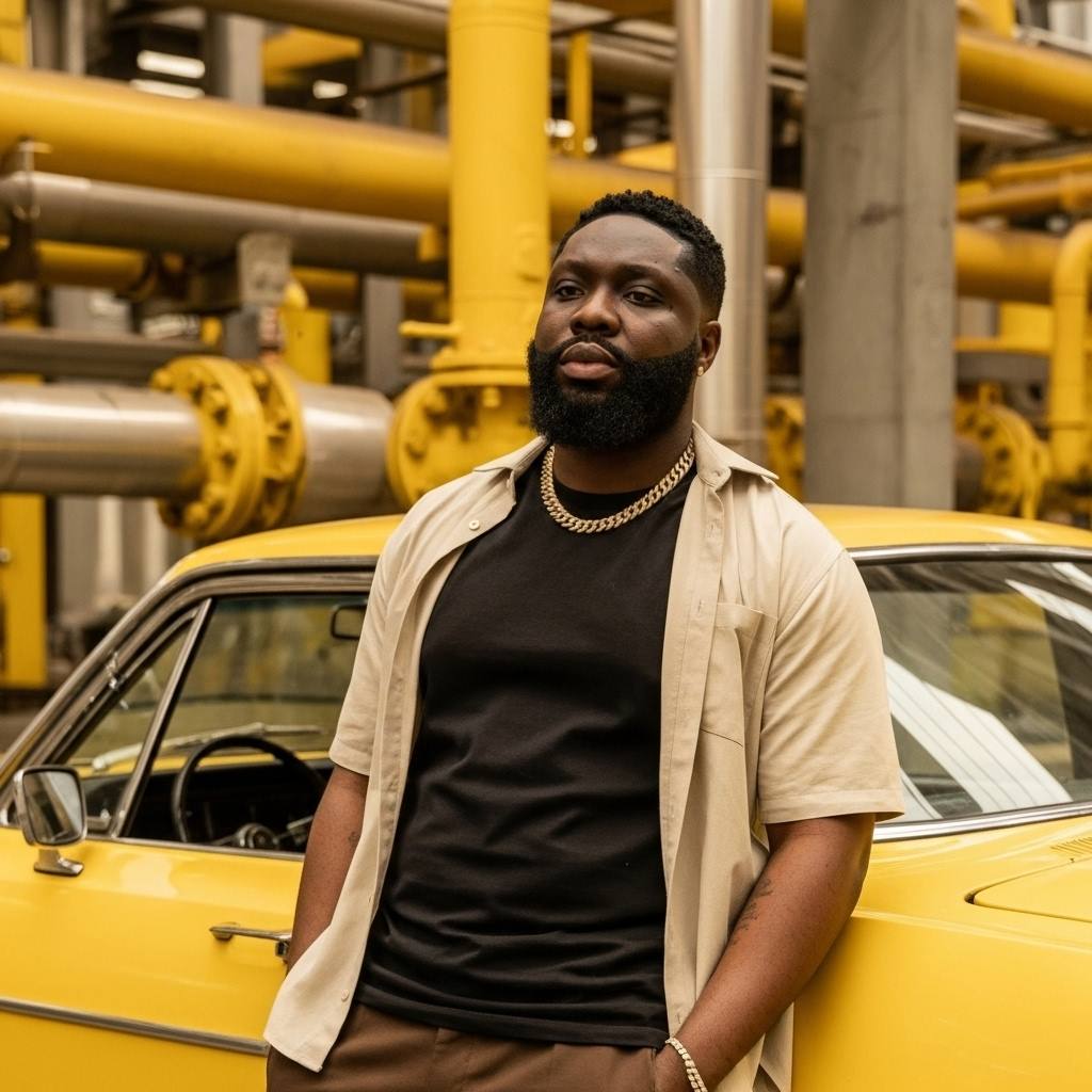 A man in a partially unbuttoned beige shirt and brown trouse