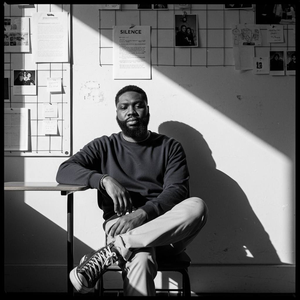 Edit this image of a young man into a high-contrast black an