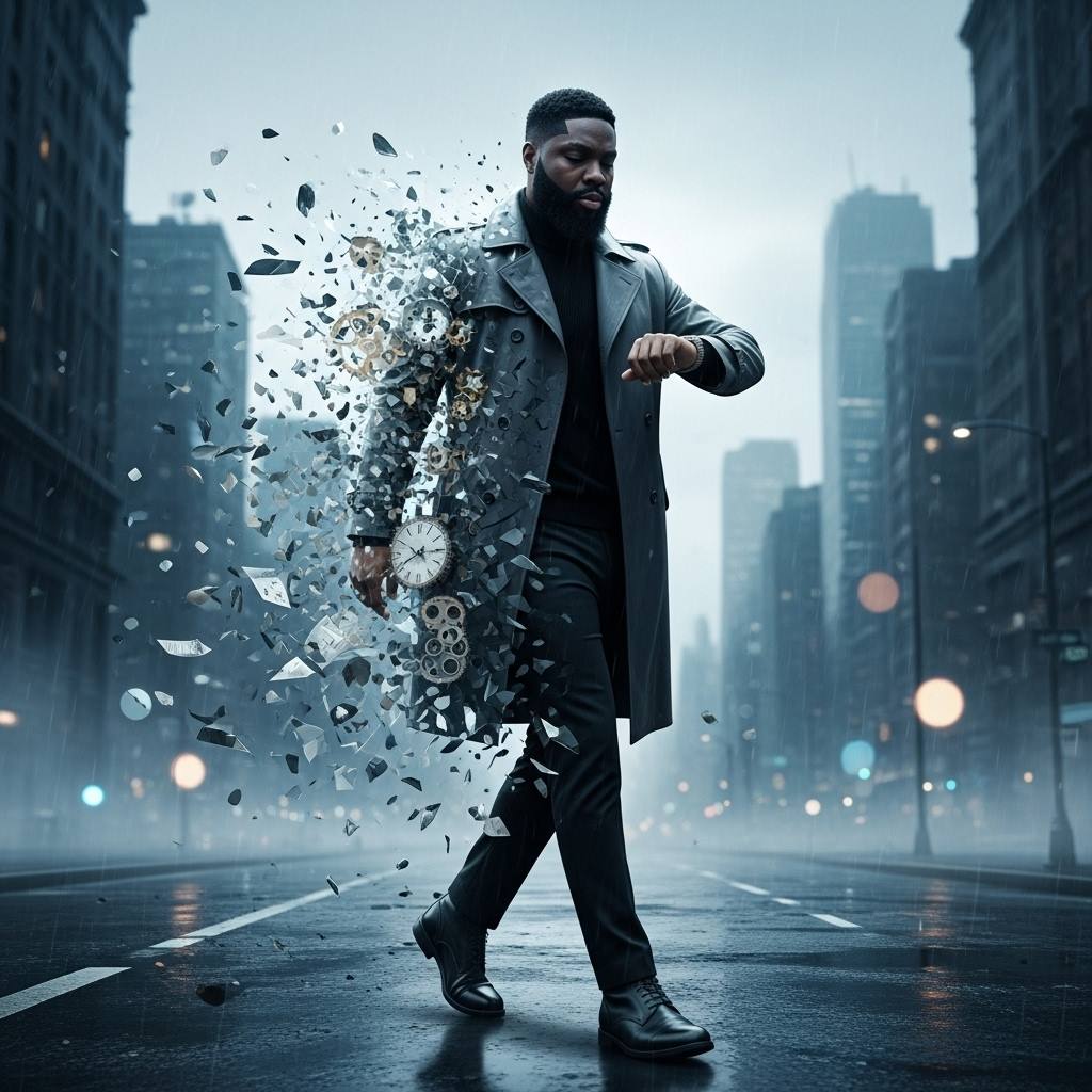 Edit this image to show a man walking forward on a rain-slic