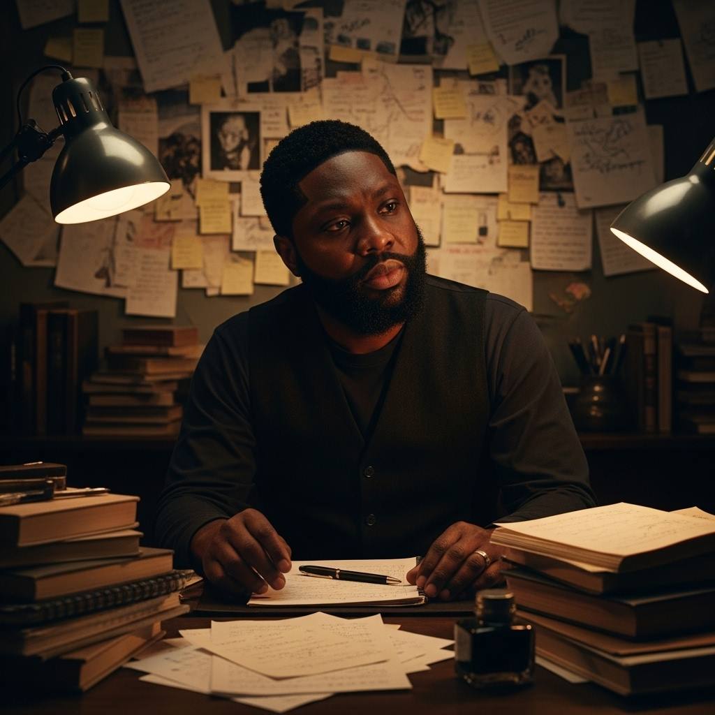 Imagem ultra realista de um homem sentado em sua mesa, olhan