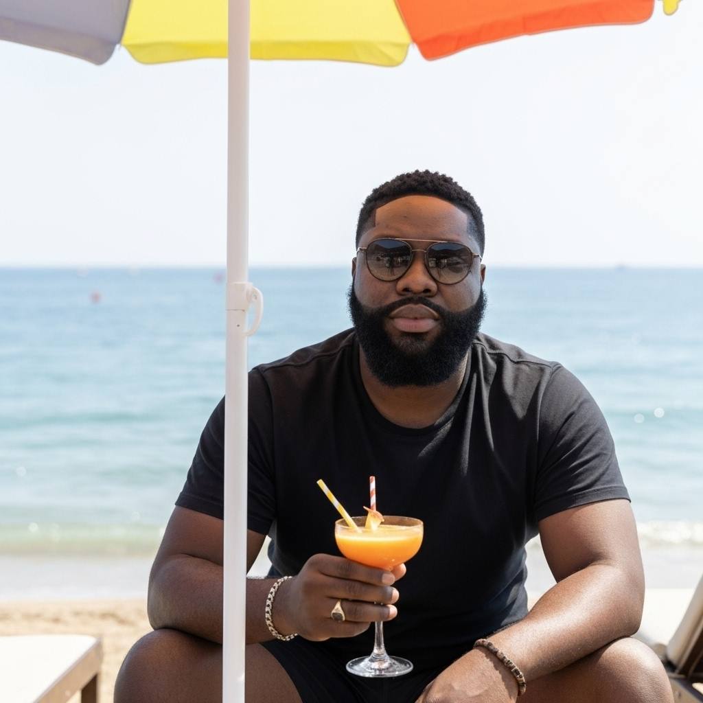 Retrato de (seu nome) sentado em uma cadeira de praia sob um