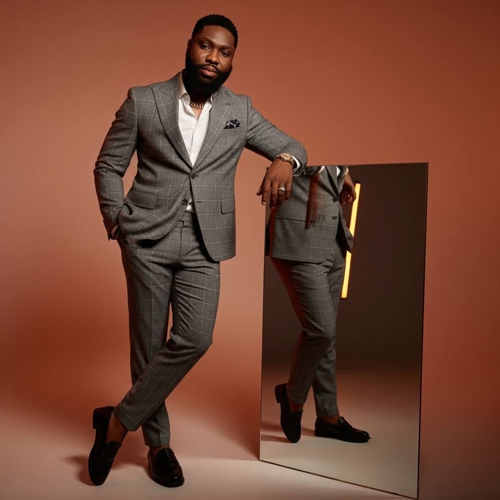 Stylized studio portrait of me leaning slightly on a large r