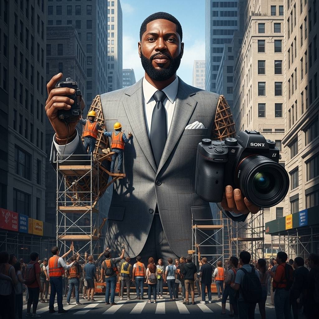 Una colosal estatua de este sujeto vestido con traje formal